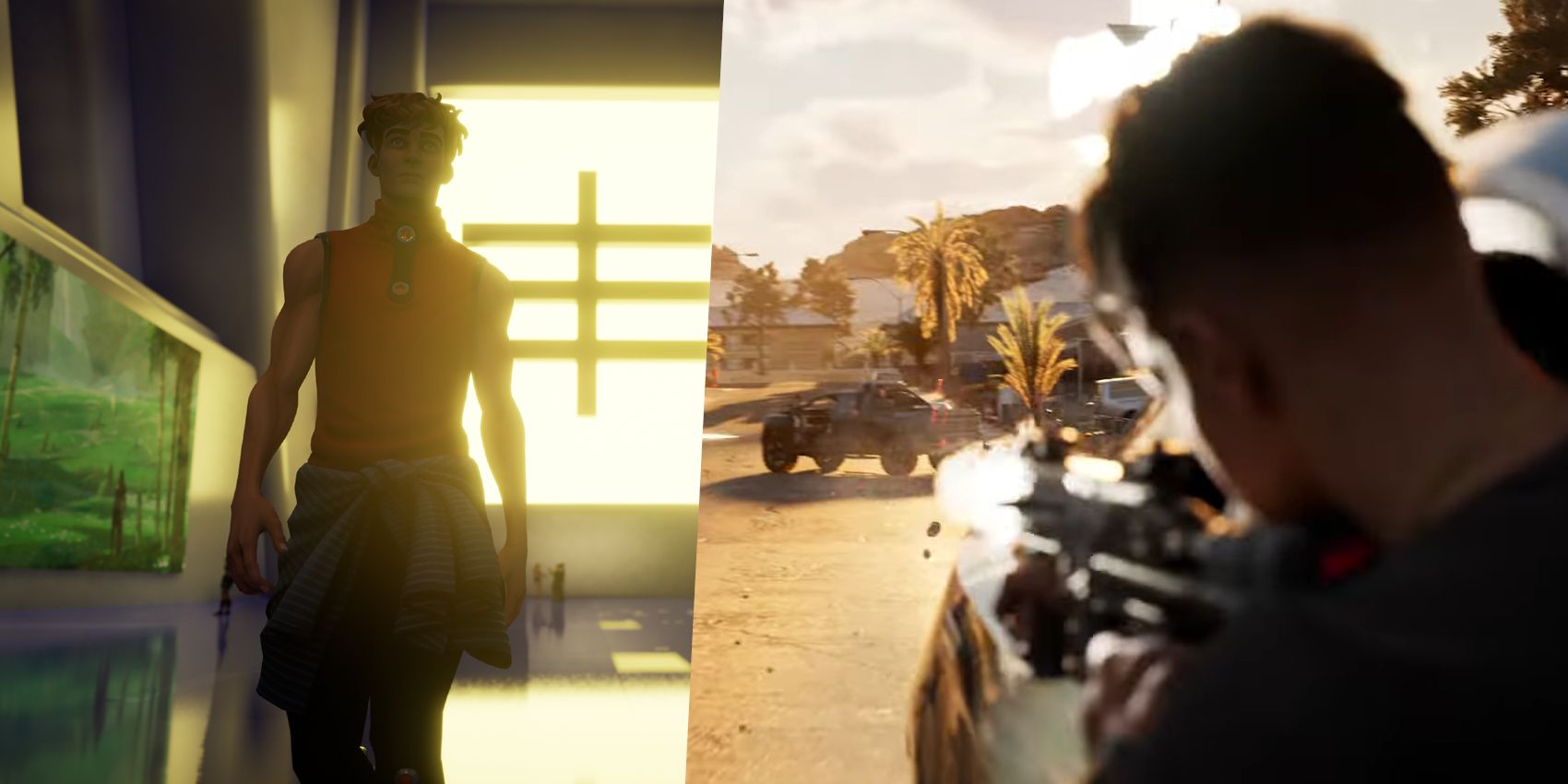 Two images split and combined with one showing a cartoony character walking towards the camera with a bring yellow window illuminating from the background with EVERYWHERE's logo in it. The other image is a young man shooting a weapon over his shoulder in an urban setting.