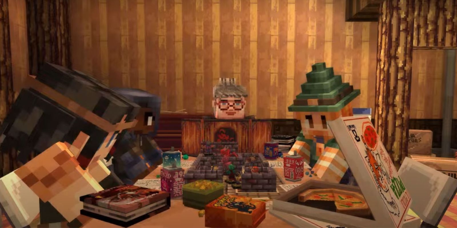 Minecraft characters sitting around a table playing Dungeons and Dragons with pizza boxes and sodas on the table