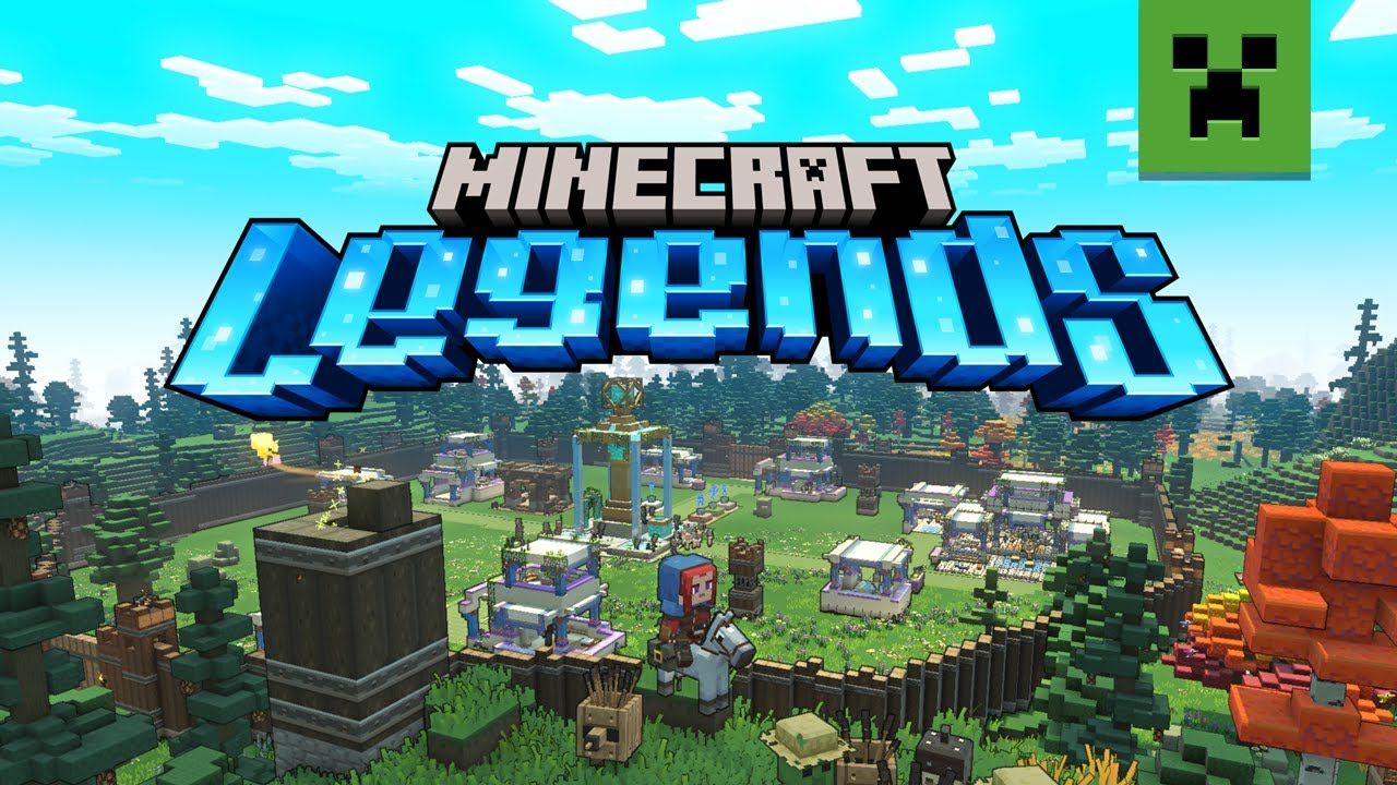 Minecraft Legends Cover Image, showing a village that the player character is defending with some of the friendly mobs around her. The Minecraft Legends logo and a green creeper face are at the top