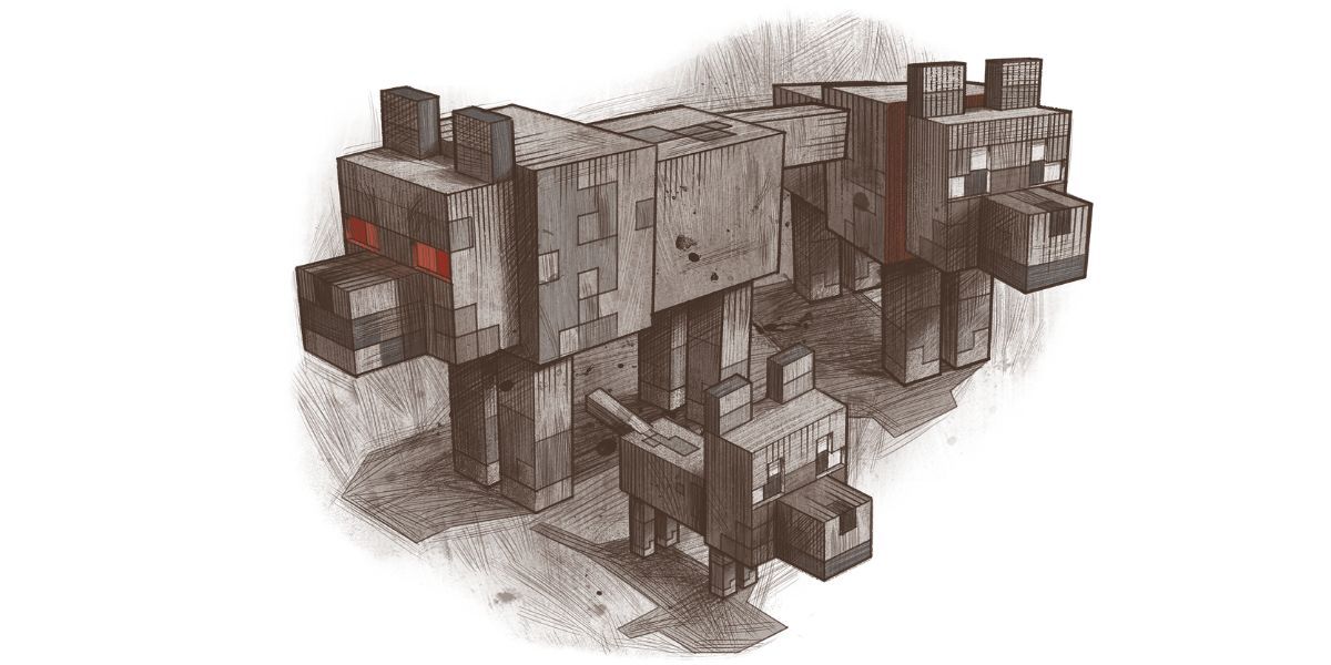 Minecraft Wolf In DnD, a trio of blocky wolves in DnD sketch artwork
