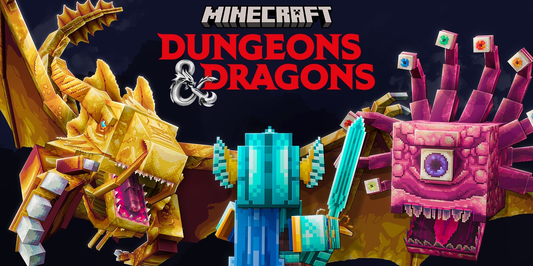 The official Minecraft D&D cover art with a dragon and a beholder about to attack a Minecraft fighter