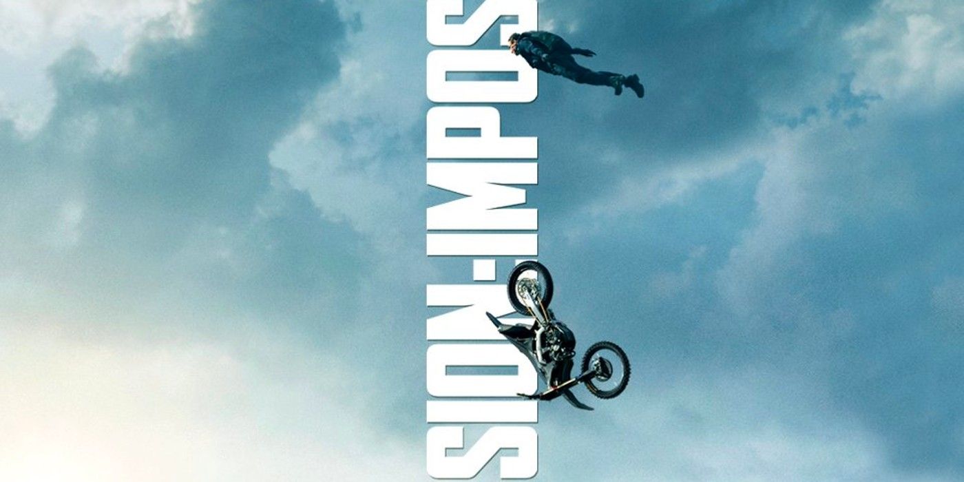 Tom Cruise riding a motorcycle off a cliff in Mission Impossible – Dead Reckoning Part One poster