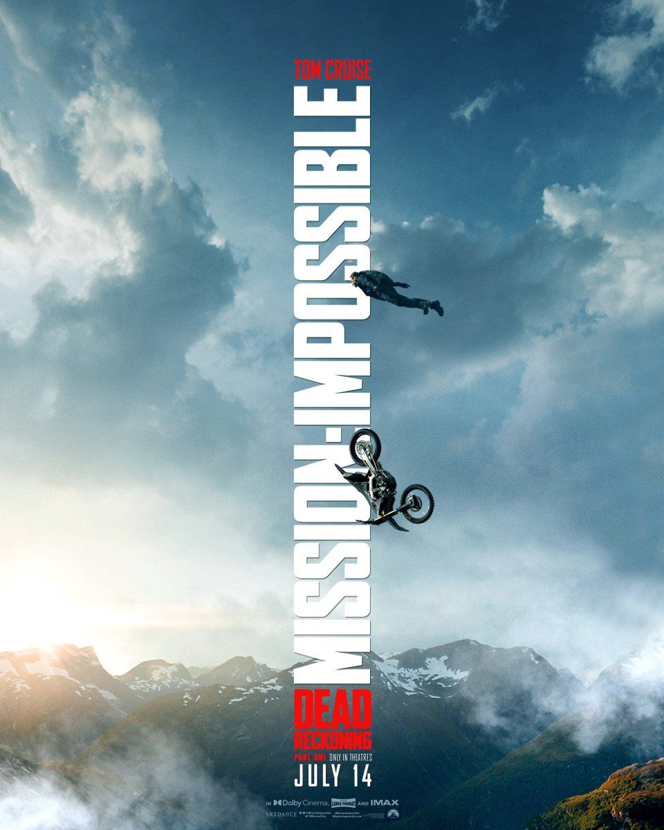 Tom Cruise riding a motorcycle off a cliff in Mission Impossible – Dead Reckoning Part One poster