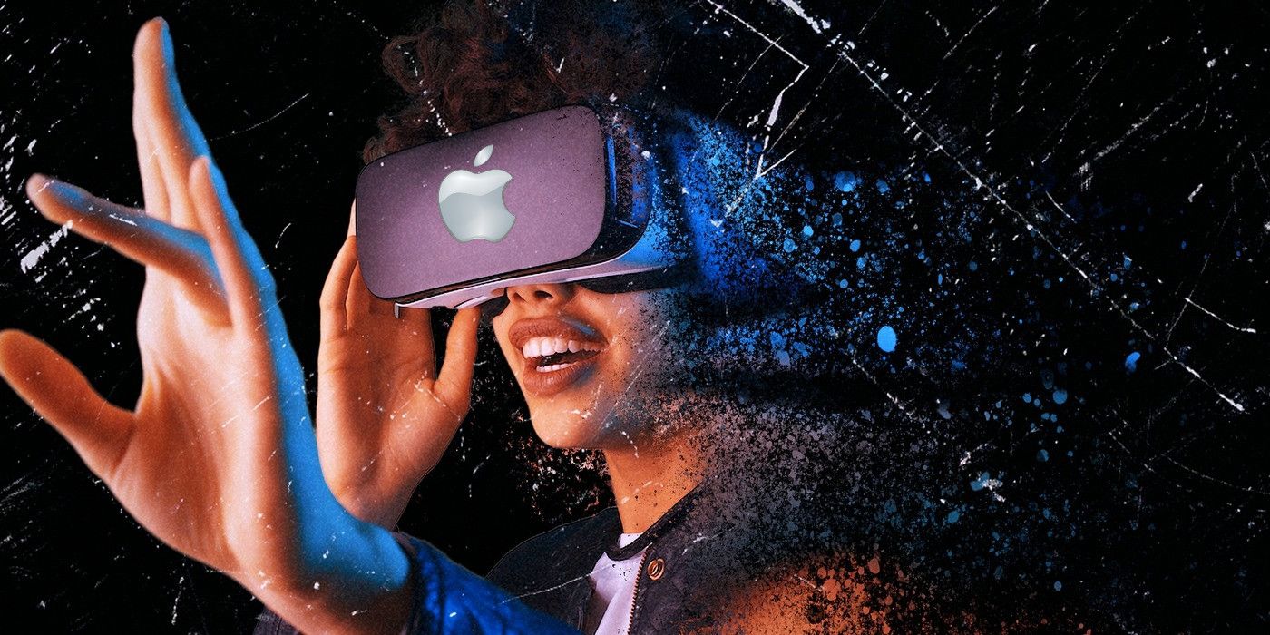 Woman wearing AR/VR headset with Apple logo