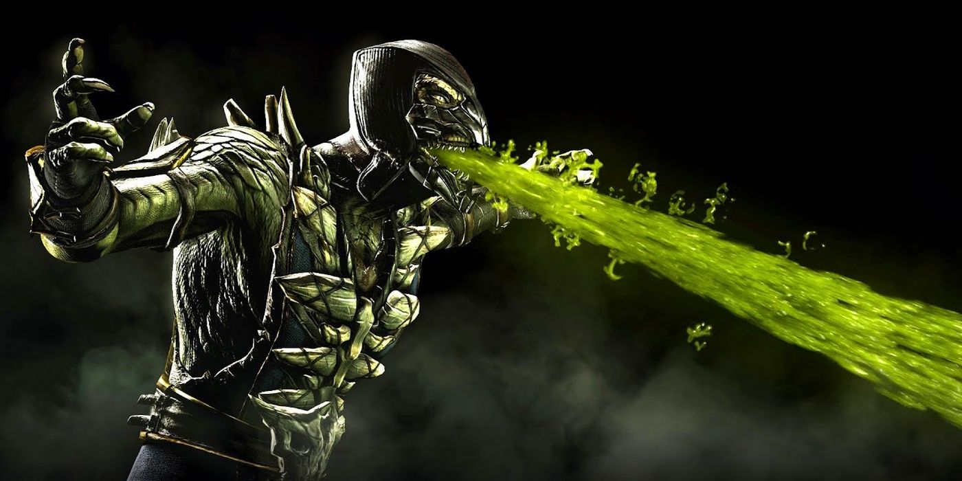 An image of Reptile from Mortal Kombat 10 spewing green liquid.