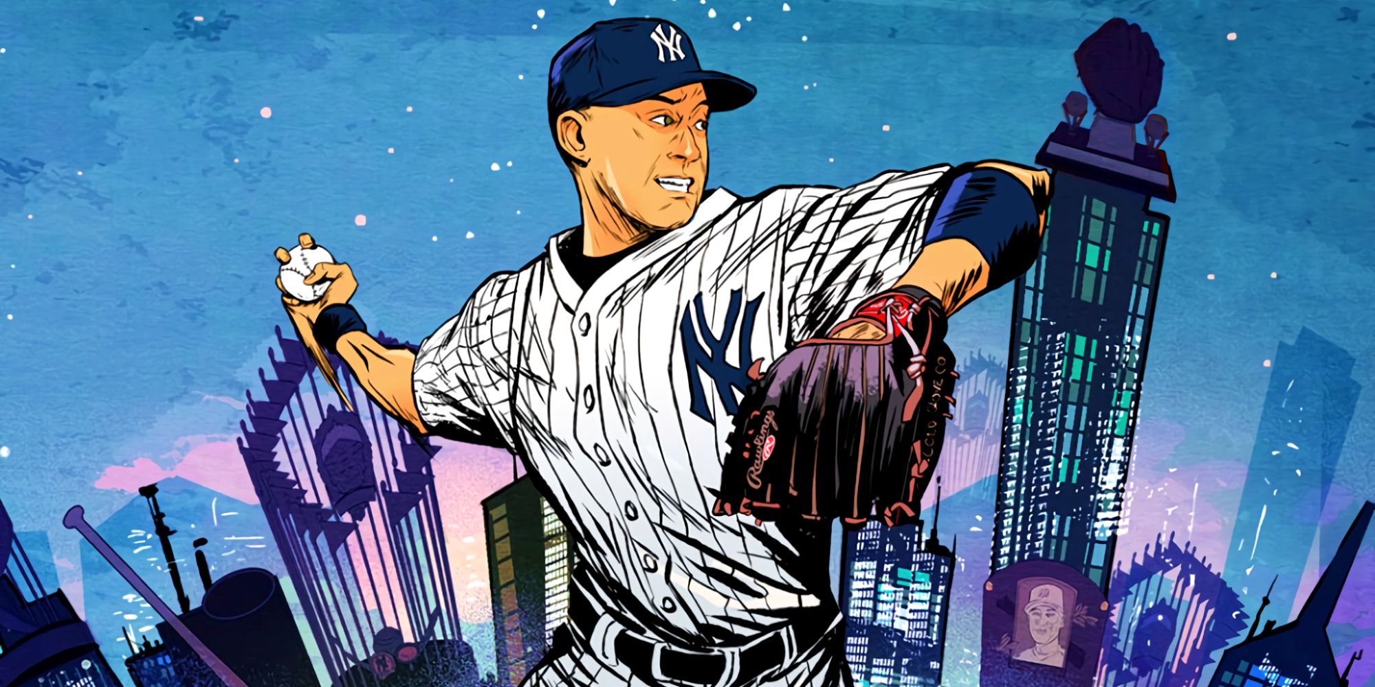 Karya seni Derek Jeter melempar bola bisbol saat ia menjulang tinggi di cakrawala untuk MLB The Show 23's Captain Edition.