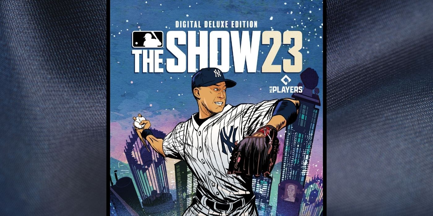 MLB The Show 23 Digital Deluxe Edition, showing the game cover of an artistic skyline with Derek Jeter about to throw a pitch.