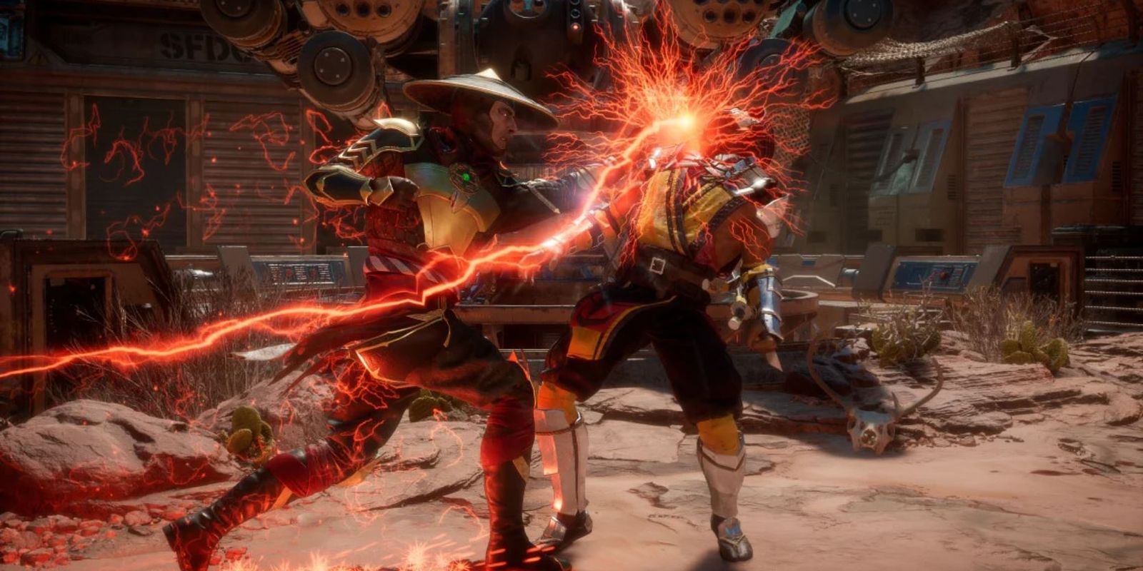 Mortal Kombat 11 fight scene with two characters battling.