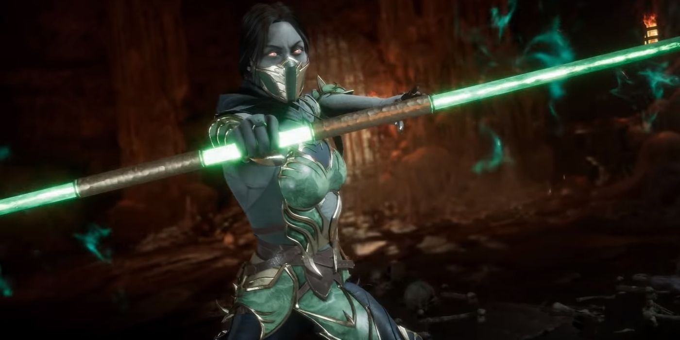 Mortal Kombat's Jade wielding her glowing green staff.