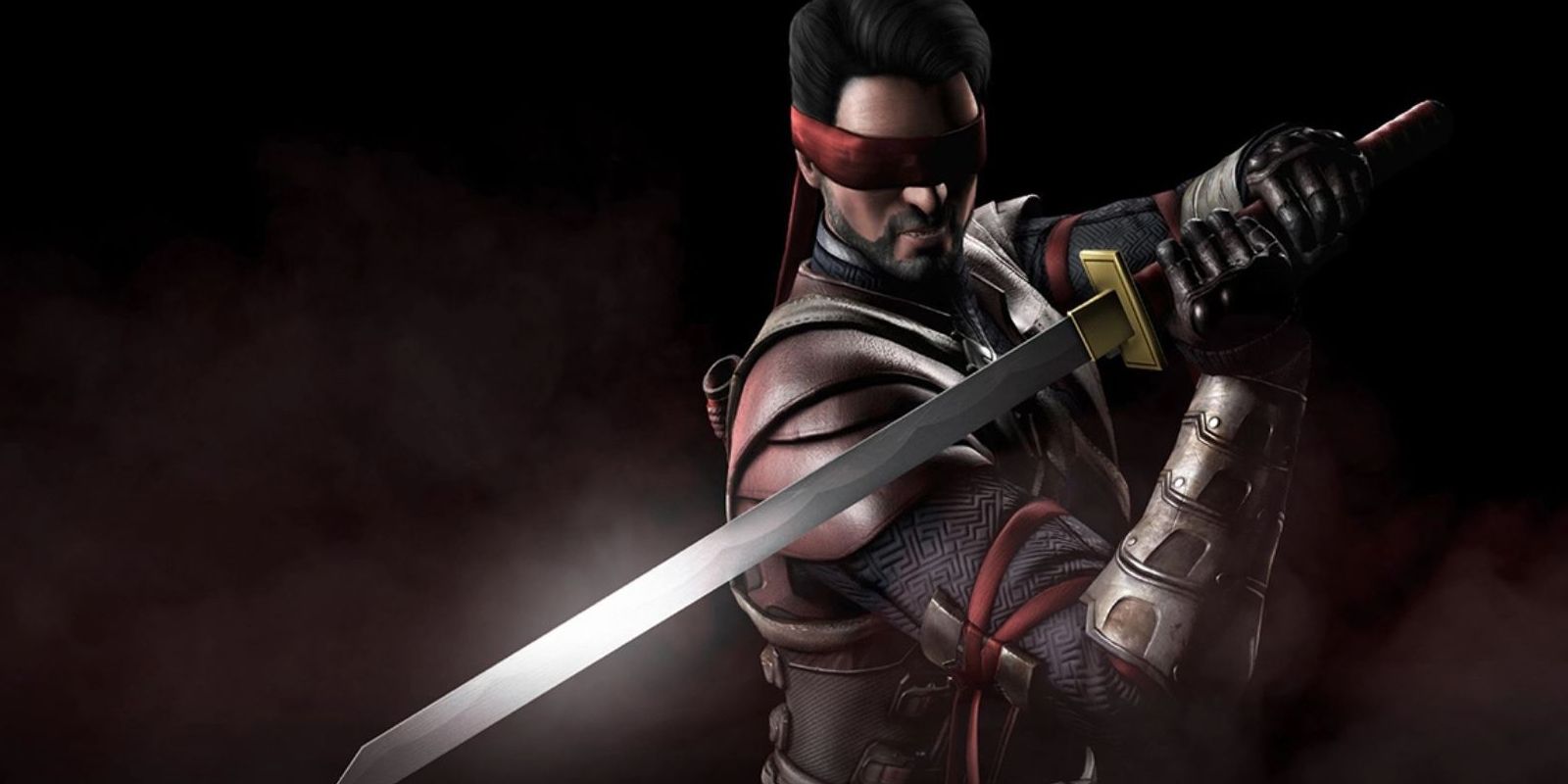 Mortal Kombat's Kenshi with a red bandana covering his eyes and holding a sword.