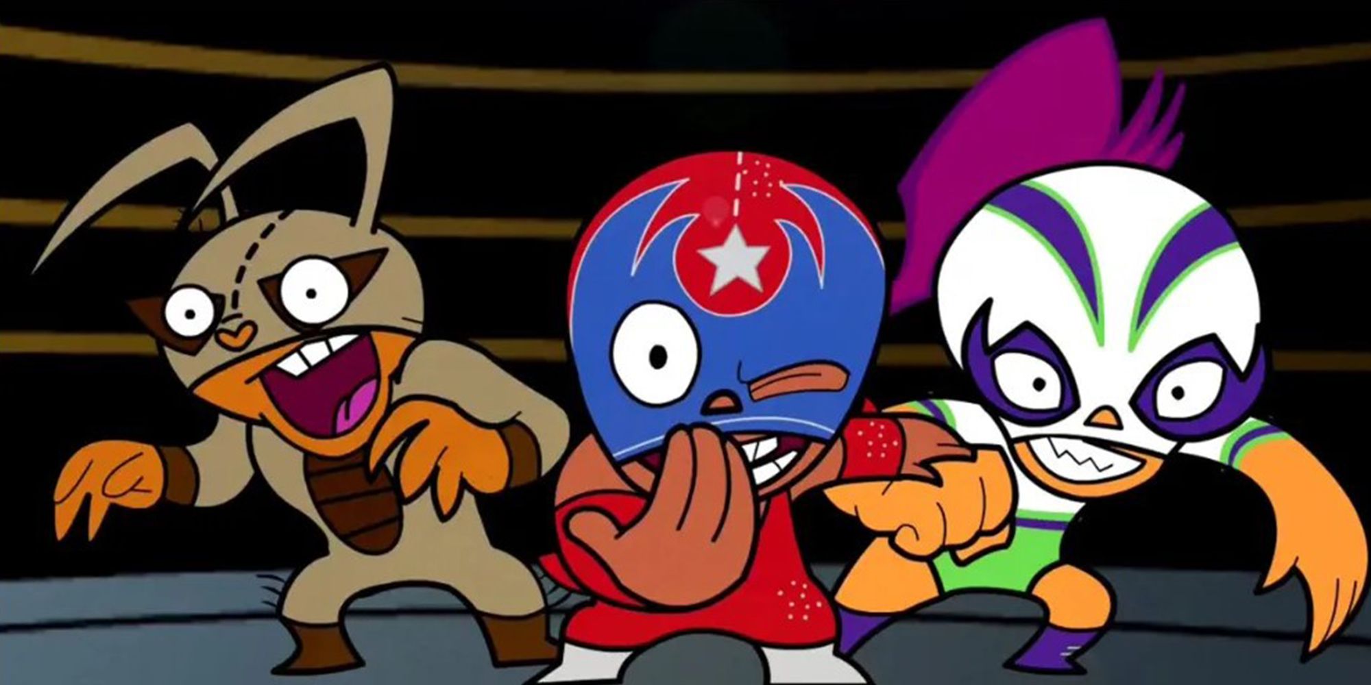 Três personagens de Mucha Lucha em um ringue de luta livre