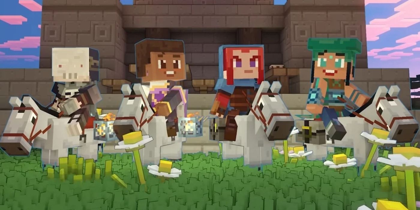 Multiplayer In Minecraft Legends, four player characters on horses