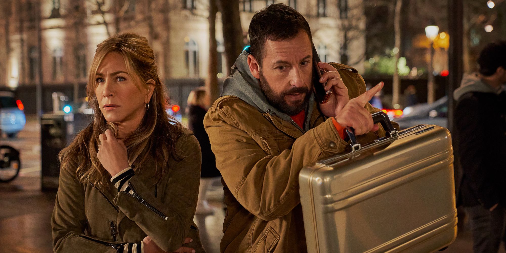 Jennifer Aniston and Adam Sandler in Murder Mystery 2.