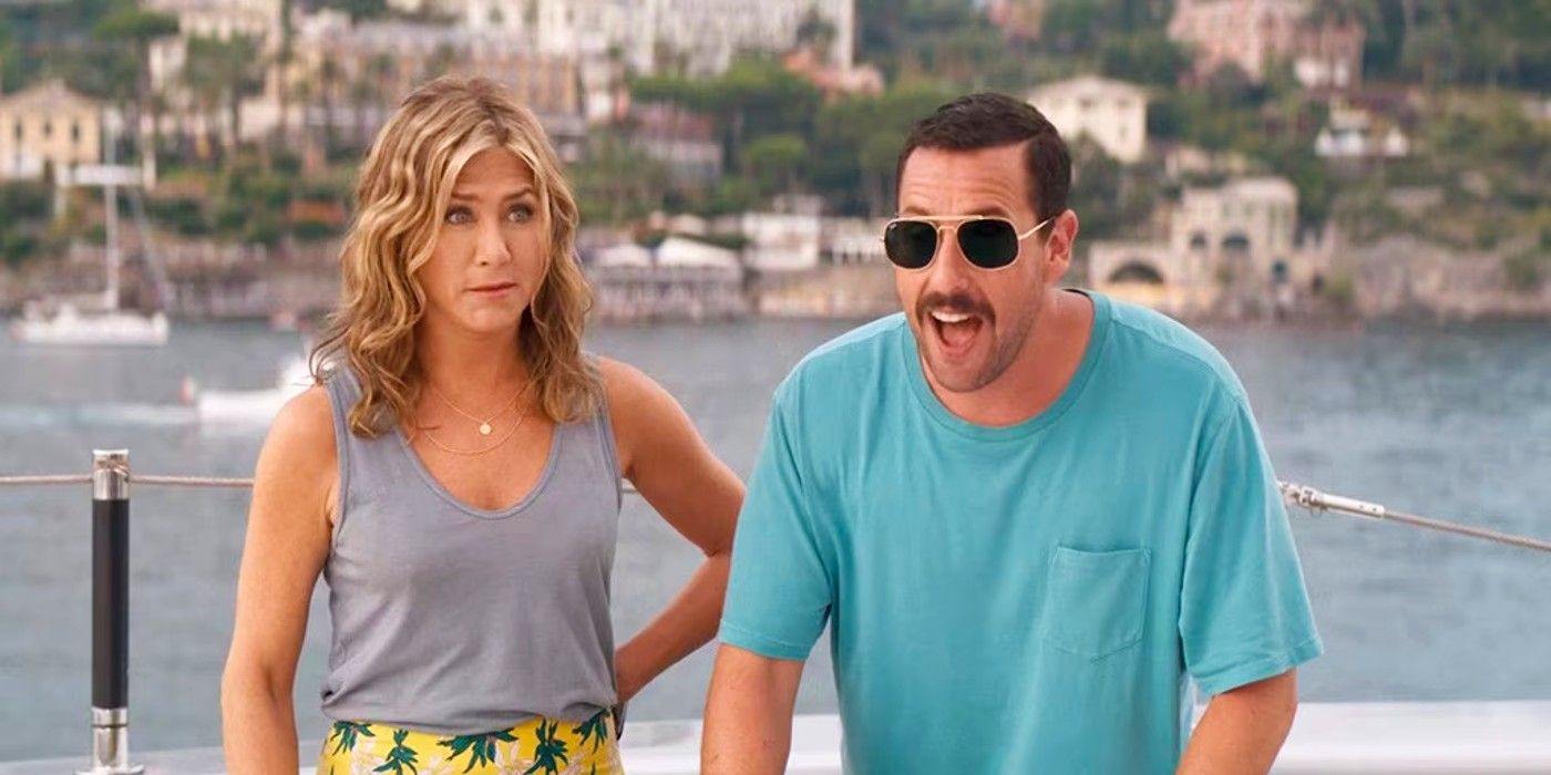 Adam Sandler and Jennifer Aniston on a yacht in Murder Mystery