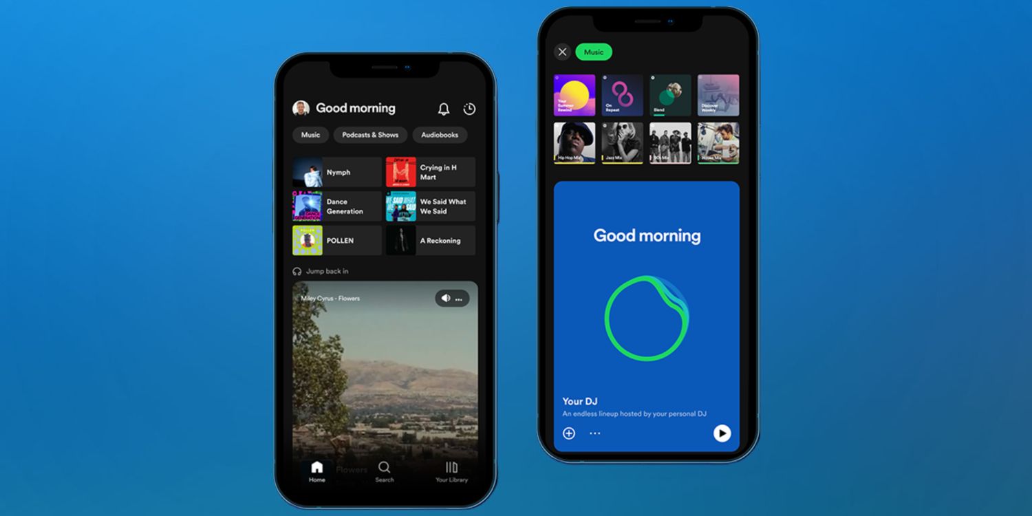 El feed de inicio estilo TikTok de Spotify se muestra en dos pantallas de teléfonos inteligentes sobre un fondo azul