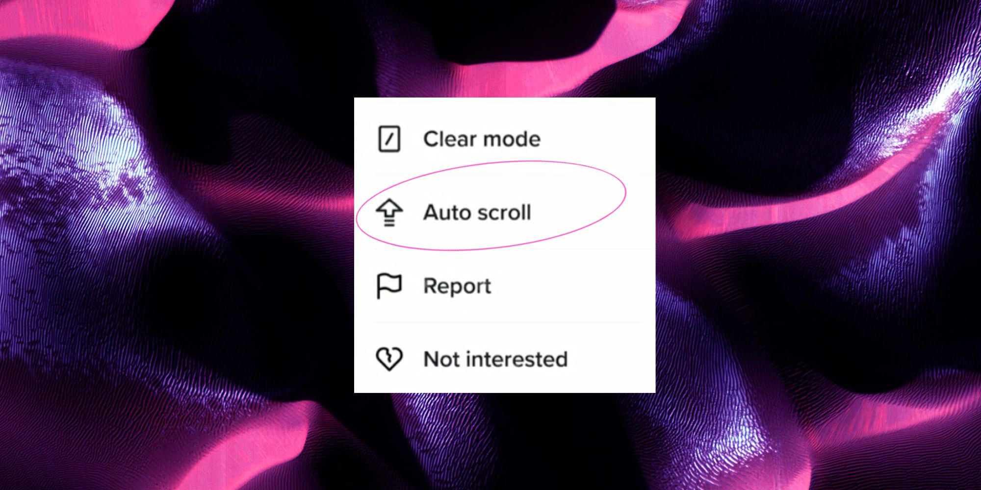 Tangkapan layar menu TikTok yang menunjukkan opsi gulir otomatis ditempelkan pada latar belakang hitam, ungu, dan merah muda cerah
