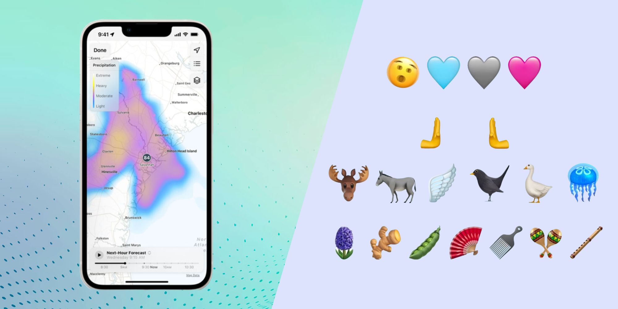 A split image showing an iPhone showing a map in the Weather app, along with the new emoji that came with iOS 16.4