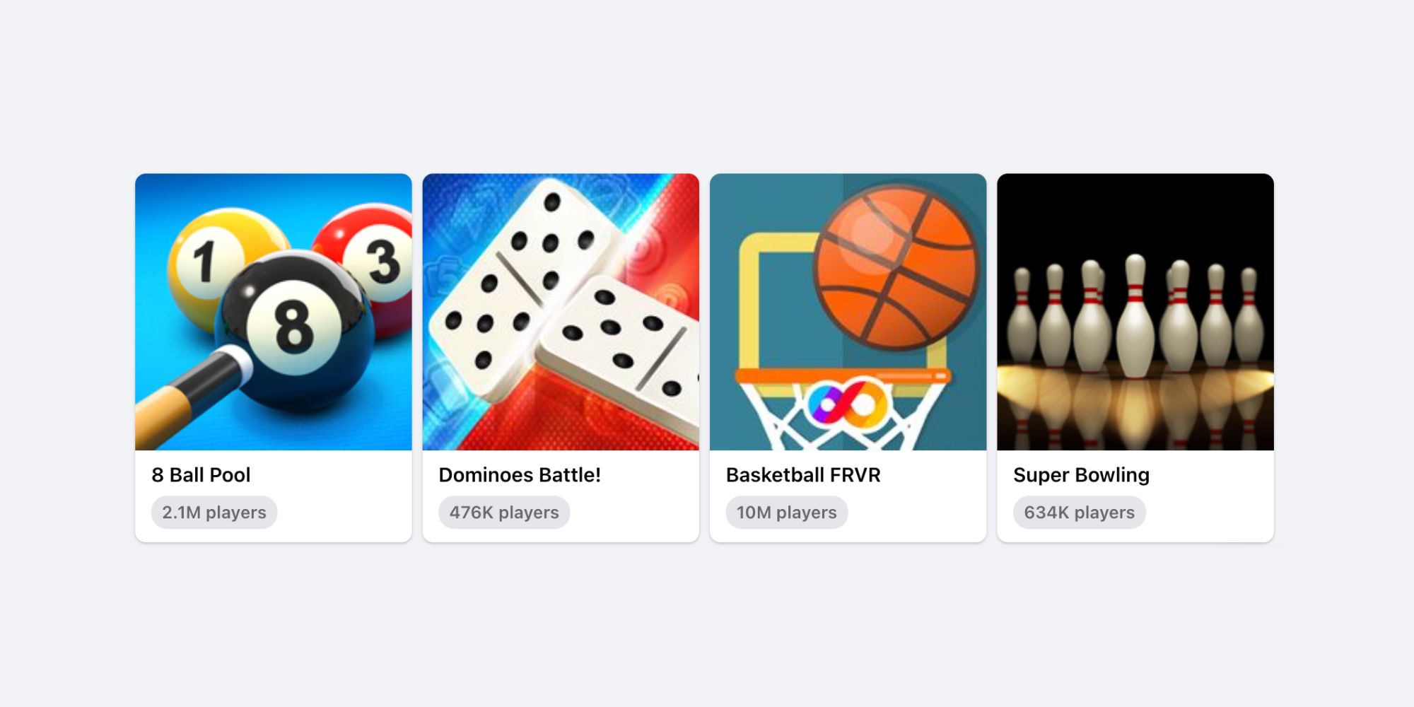 Icons for four games offered by Facebook are shown, including 8 ball, dominoes, basketball, and bowling