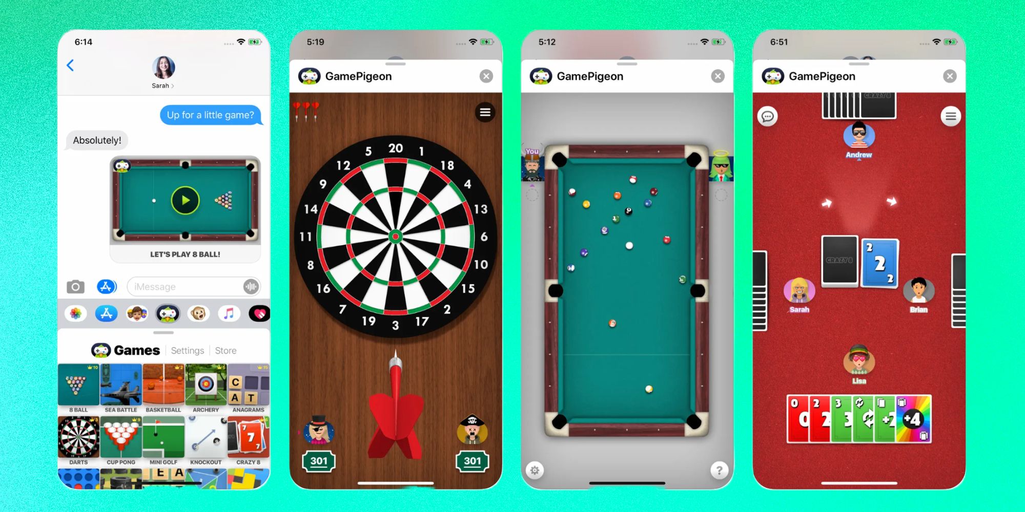 Four GamePigeon games are pictured on iPhones 