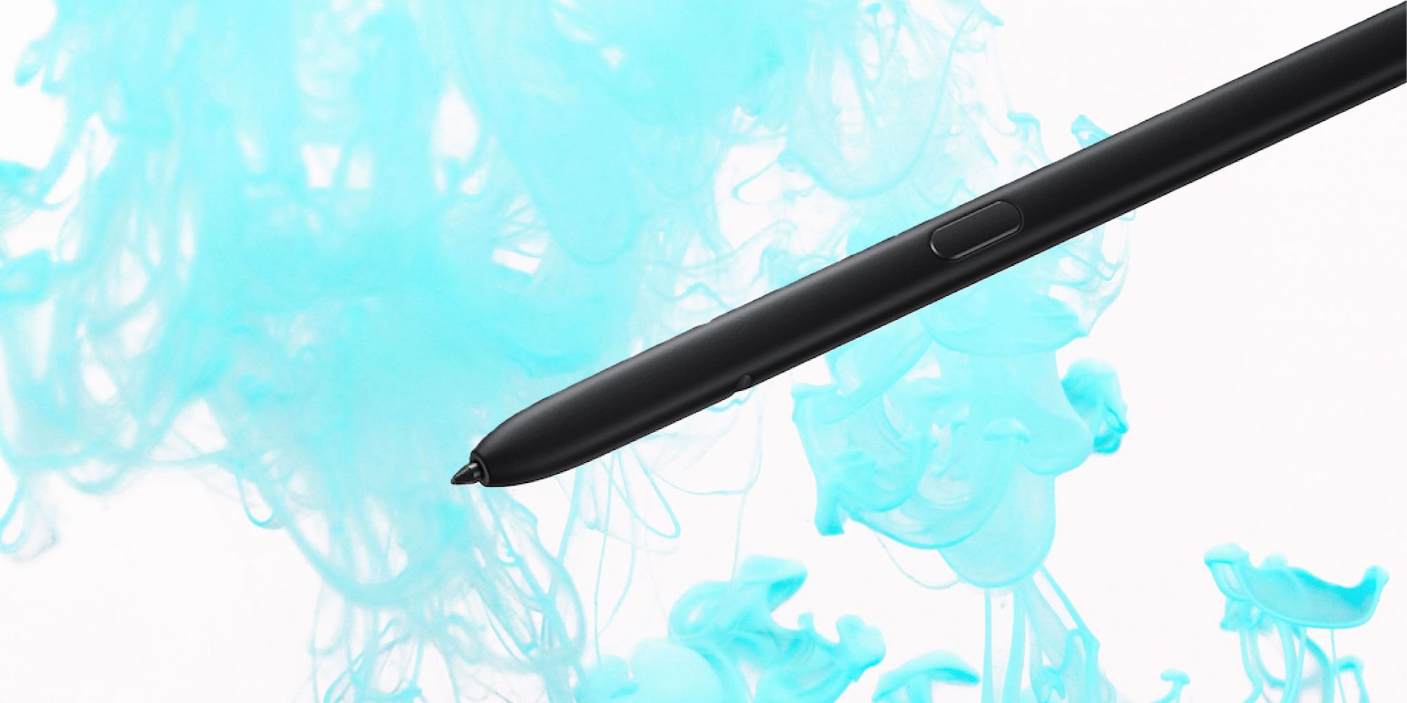 A black Samsung S Pen is pictured on a background with swirling light blue ink