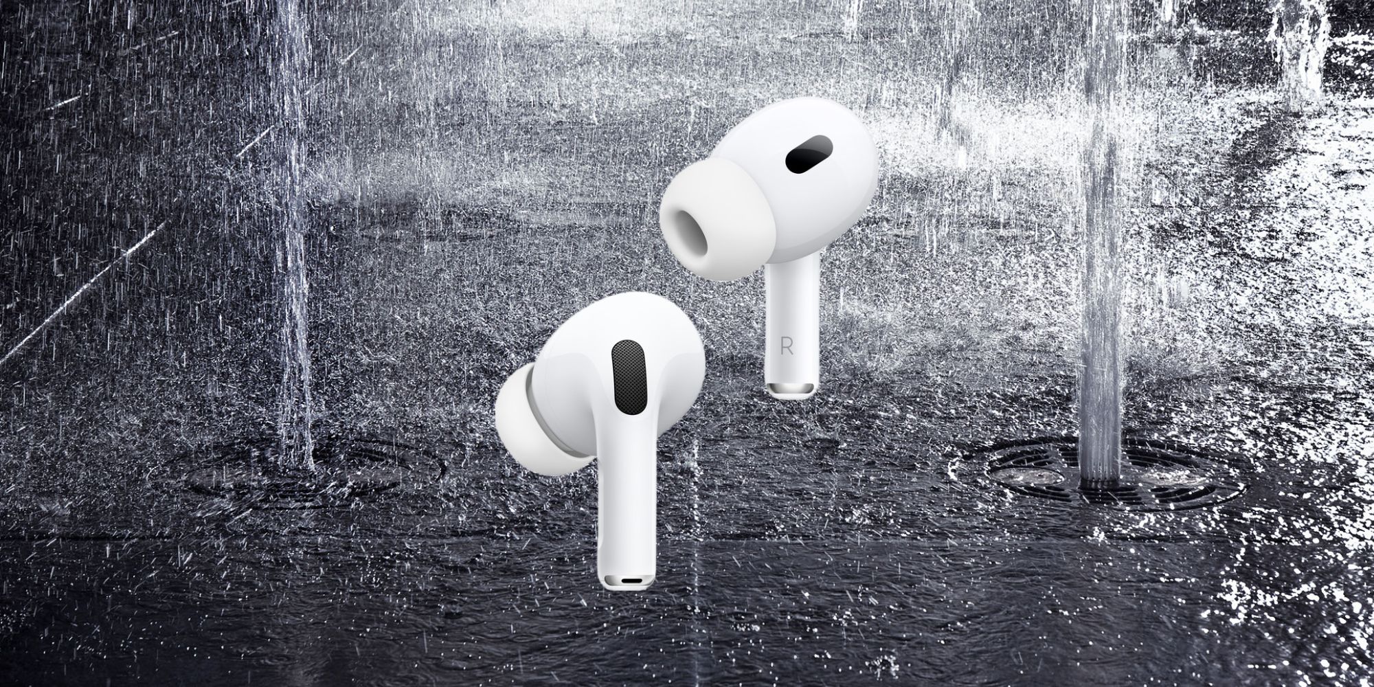 AirPods Pro 2 pictured over an image of a street in a rain storm