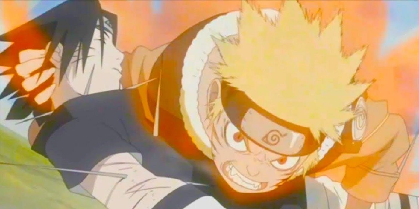 Naruto Uzumaki holds the unconscious body of Sasuke Uchiha as he is overwhelmed by the Nine-Tails' chakra in Naruto.