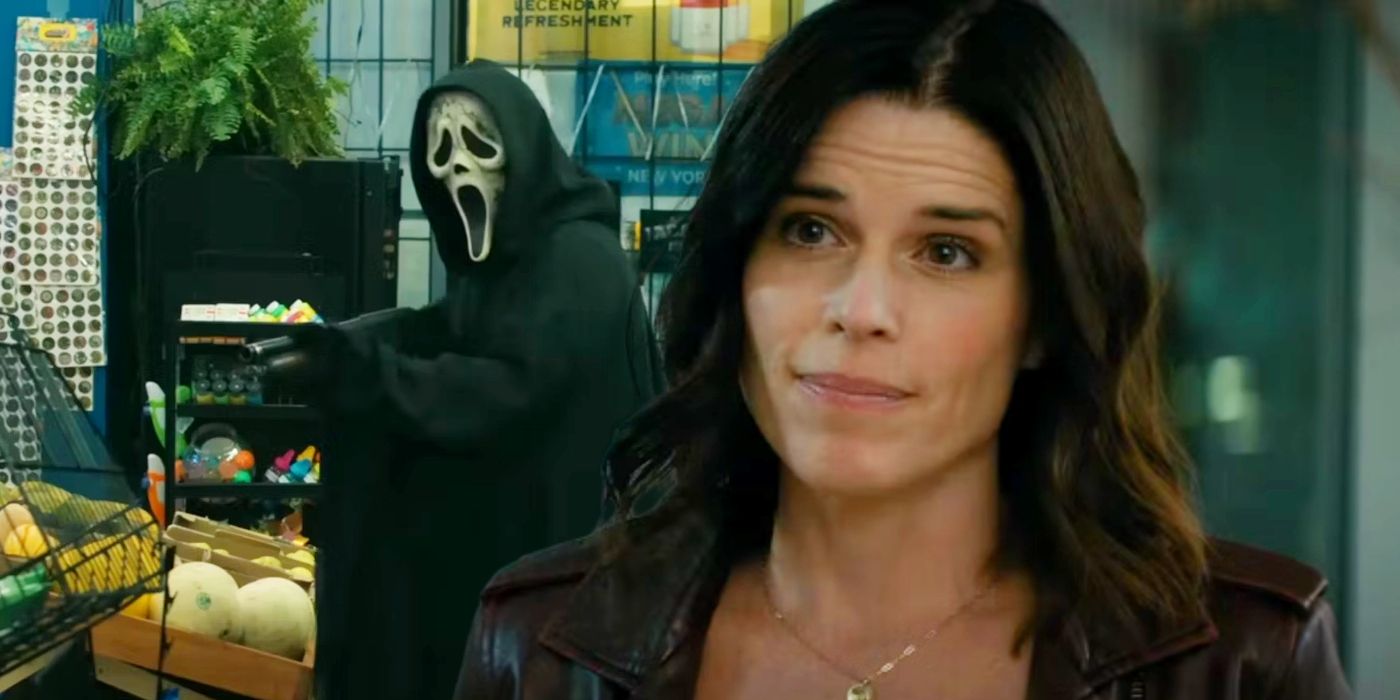 Custom image of Ghostface in Scream 6 and Neve Campbell in Scream 5.
