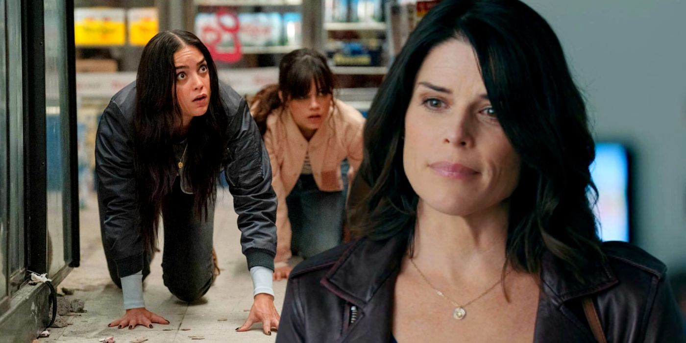 Custom image of Melissa Barrera's Sam and Jenna Ortega's Tara in Scream 6 and Neve Campbell's Sidney in Scream 5.