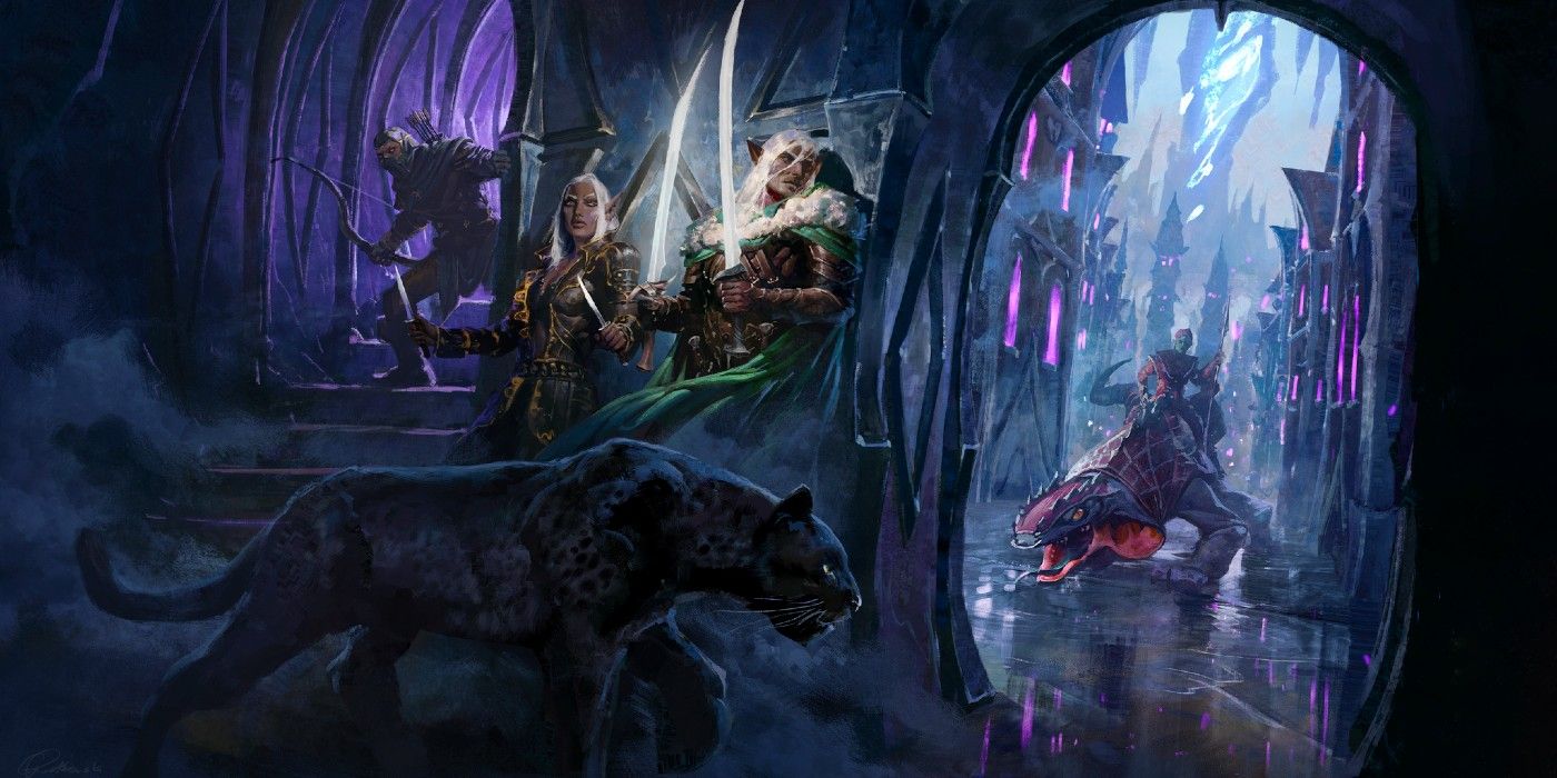 Neverwinter Key Art showing Drow creeping around a corner alongside a large catlike creature, a giant reptile is on the other side of the corridor.