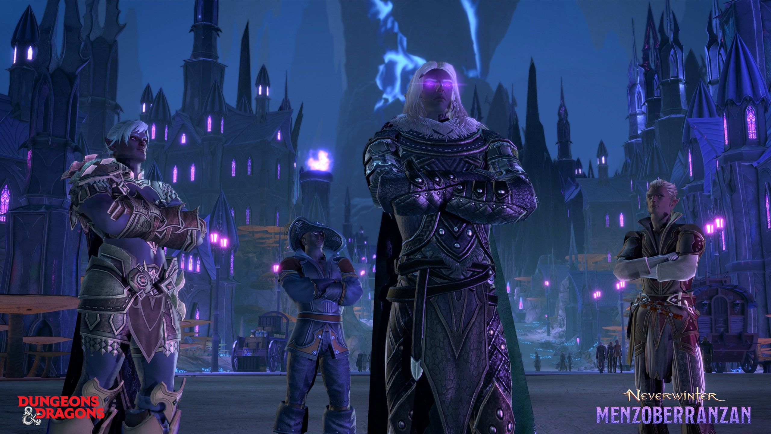 4 Neverwinter Menzoberranzan drow characters standing in the city with arms crossed.