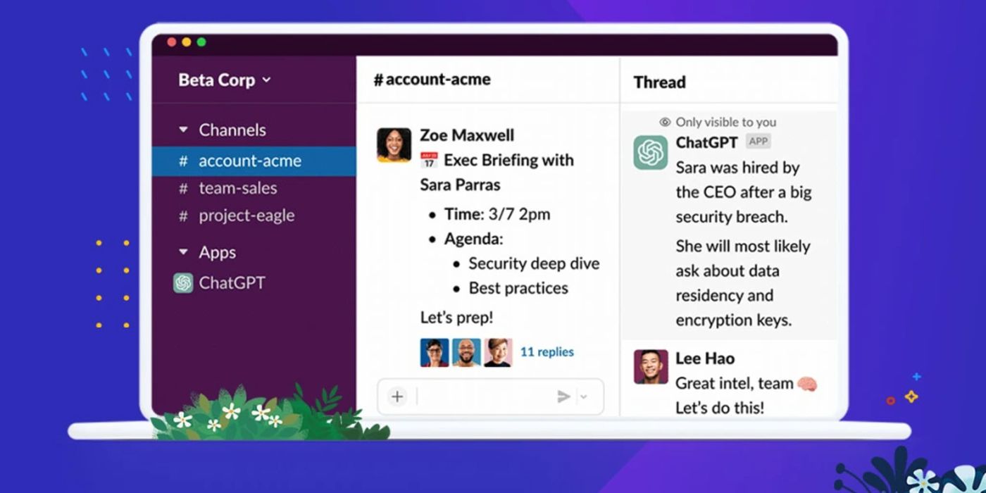 Screen displaying the new Slack App with ChatGPT functionality