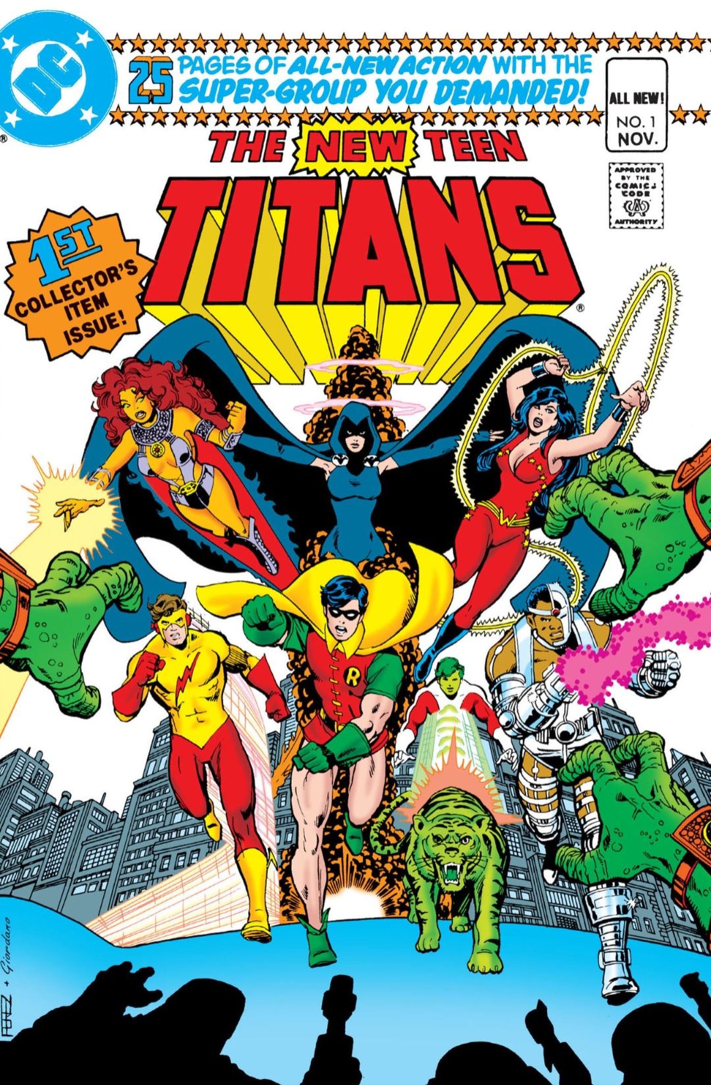 Nova capa de Teen TItans 1 DC Comics: super-heróis fantasiados correm em direção ao leitor.