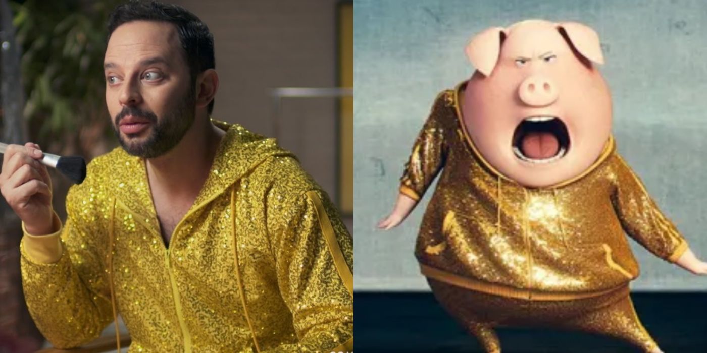 Split image of Nick Kroll dressed as Gunter in a glitter outfit and Gunter in SIng 2