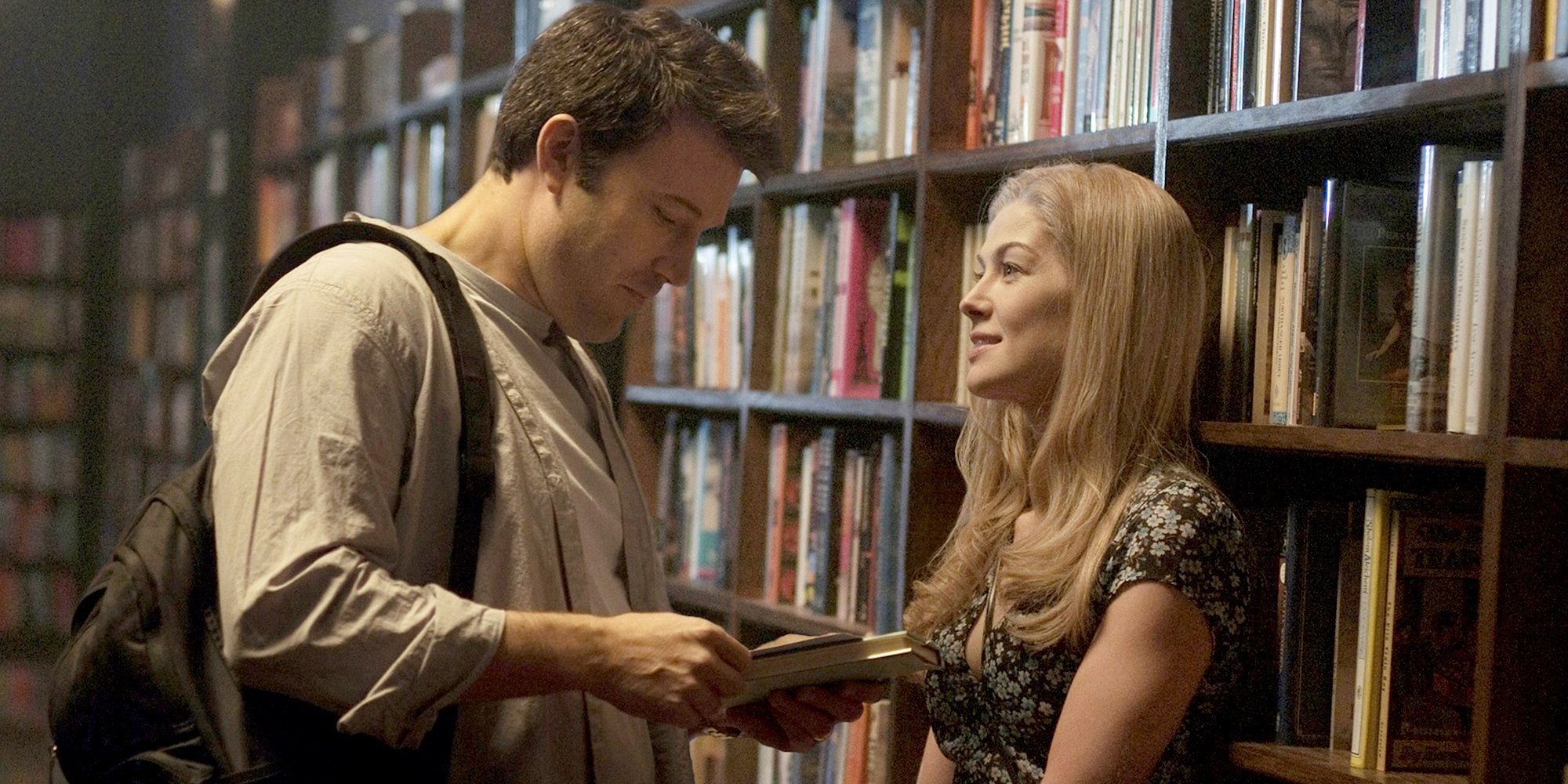 Nick and Amy in a library in Gone Girl