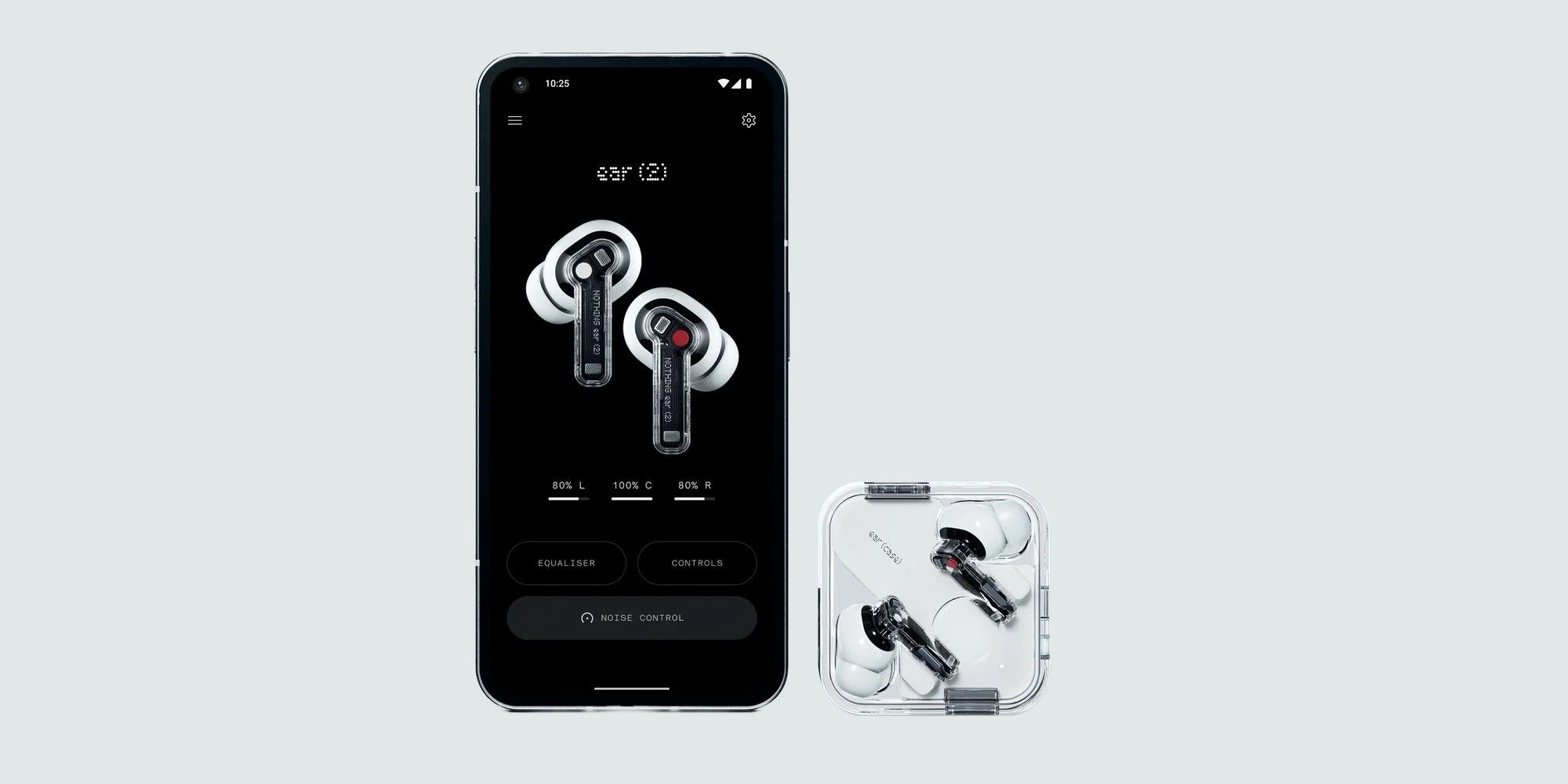 A photo showing the Nothing X app and the Nothing Ear (2) earbuds