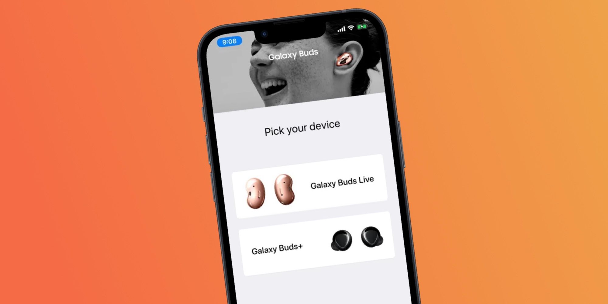 Aplikasi Galaxy Buds Resmi Di iPhone dengan latar belakang gradien