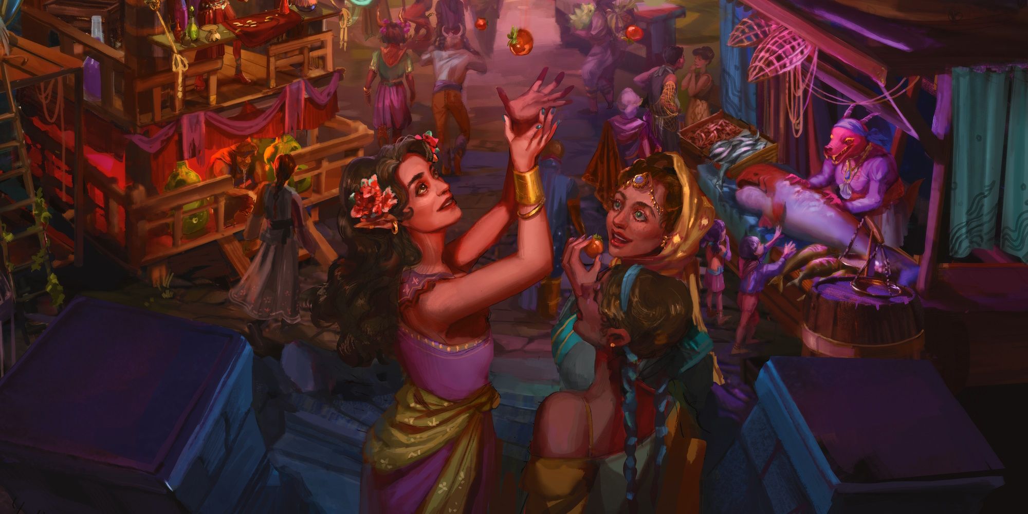 Three women playfully chat at a vibrant night market.