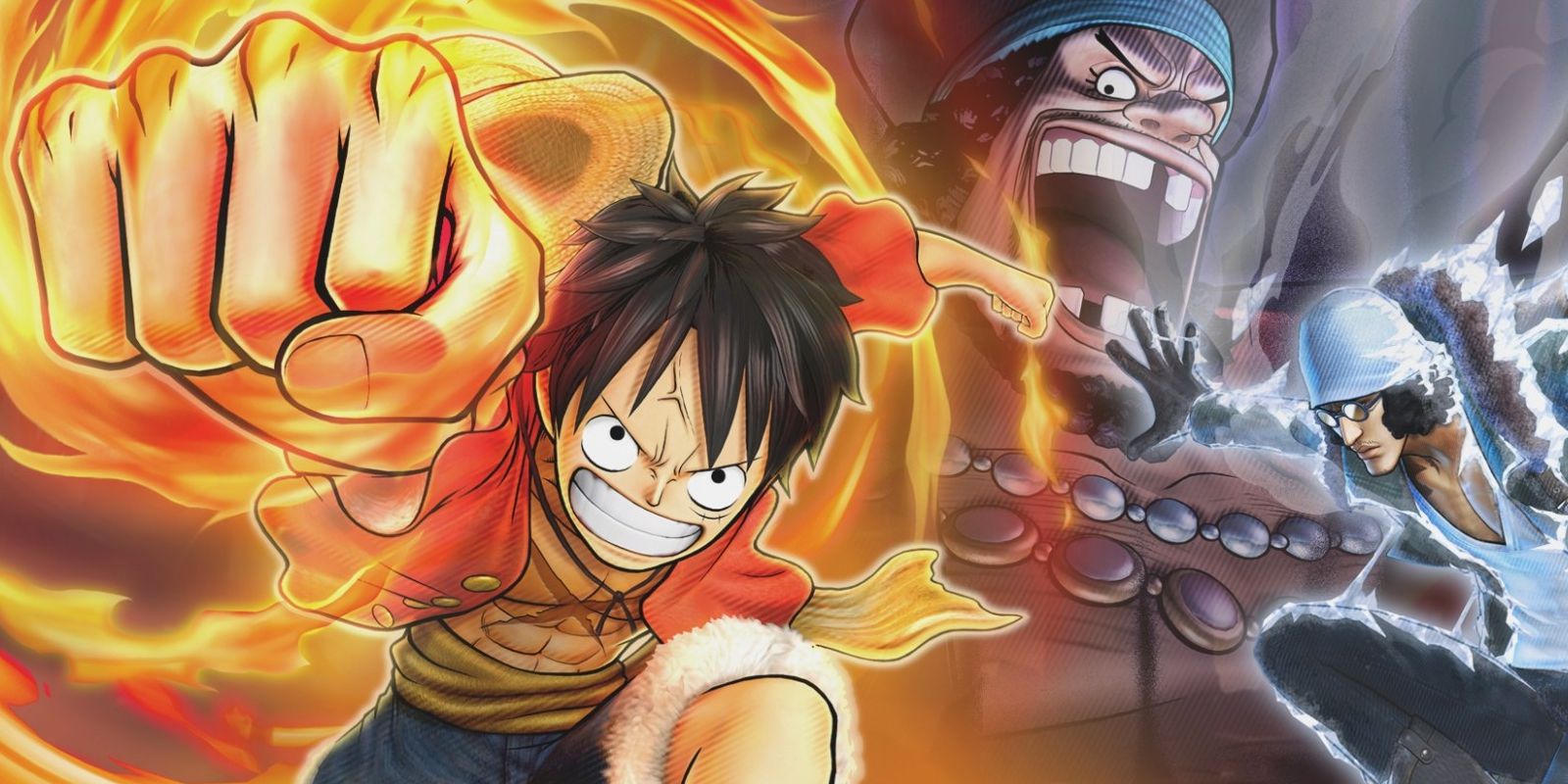 Promo image for One Piece Pirate Warriors 2 shows Luffy charging up a fire fist attack with Blackbeard laughing in the background while Kuzan uses an Ice attack.