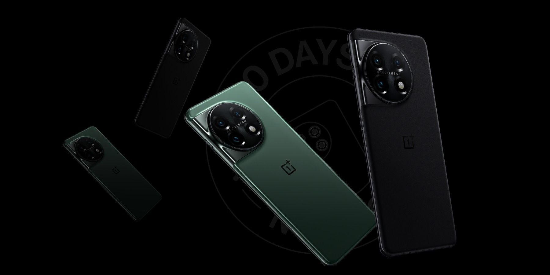 A photo showing the OnePlus 11 in green and black