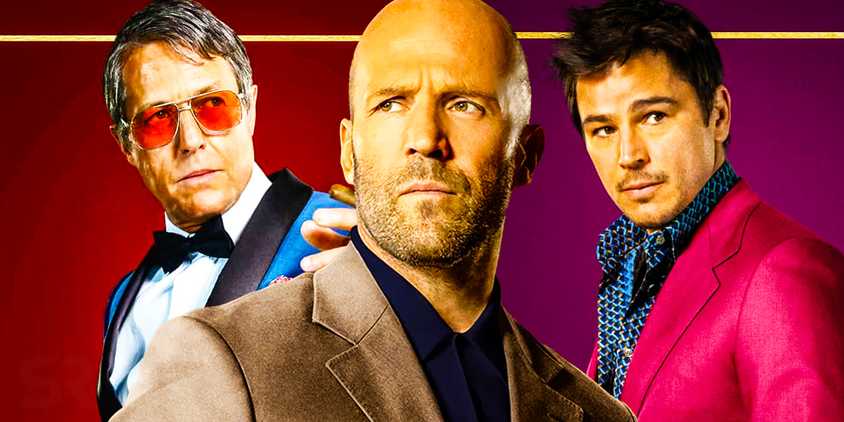 A collage of Jason Statham, Hugh Grant, and Josh Hartnett in Operation Fortune: Ruse de Guerre.