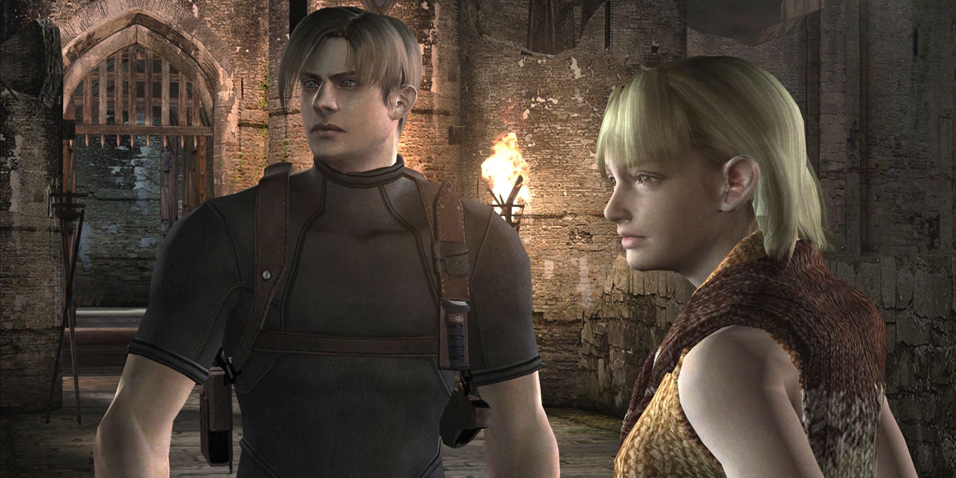 Standing in a castle, Leon and Ashley look off into the middle distance in the original Resident Evil 4