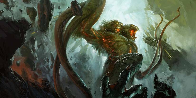 The monstrous Demogorgon towers over everything sending rocks flying as it attacks