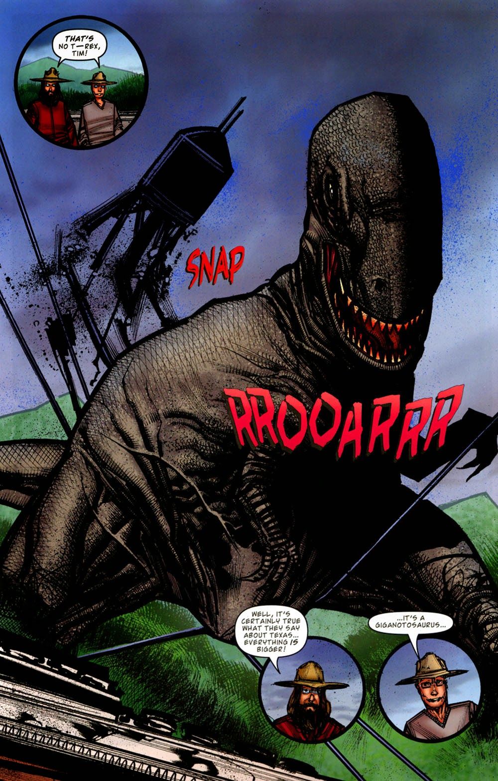 Giganotosaurus causando carnificina nos quadrinhos do Jurassic Park