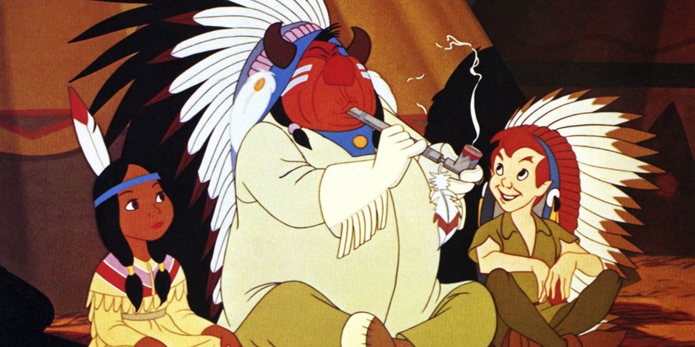 An indigenous tribe leader smokes from a pipe in Peter Pan.