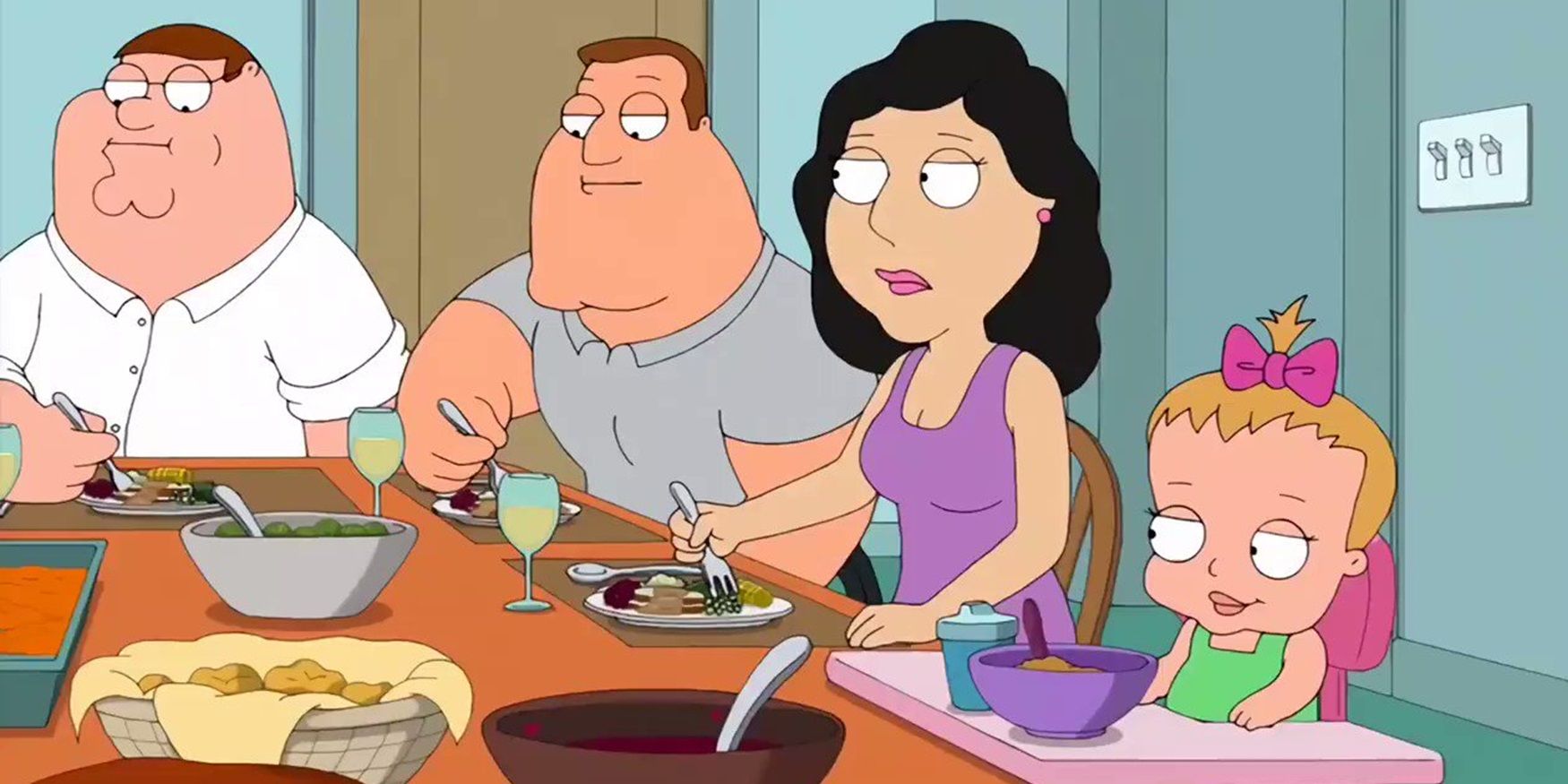 Peter, Joe, Bonnie, and Susie at Thanksgiving dinner in Family Guy