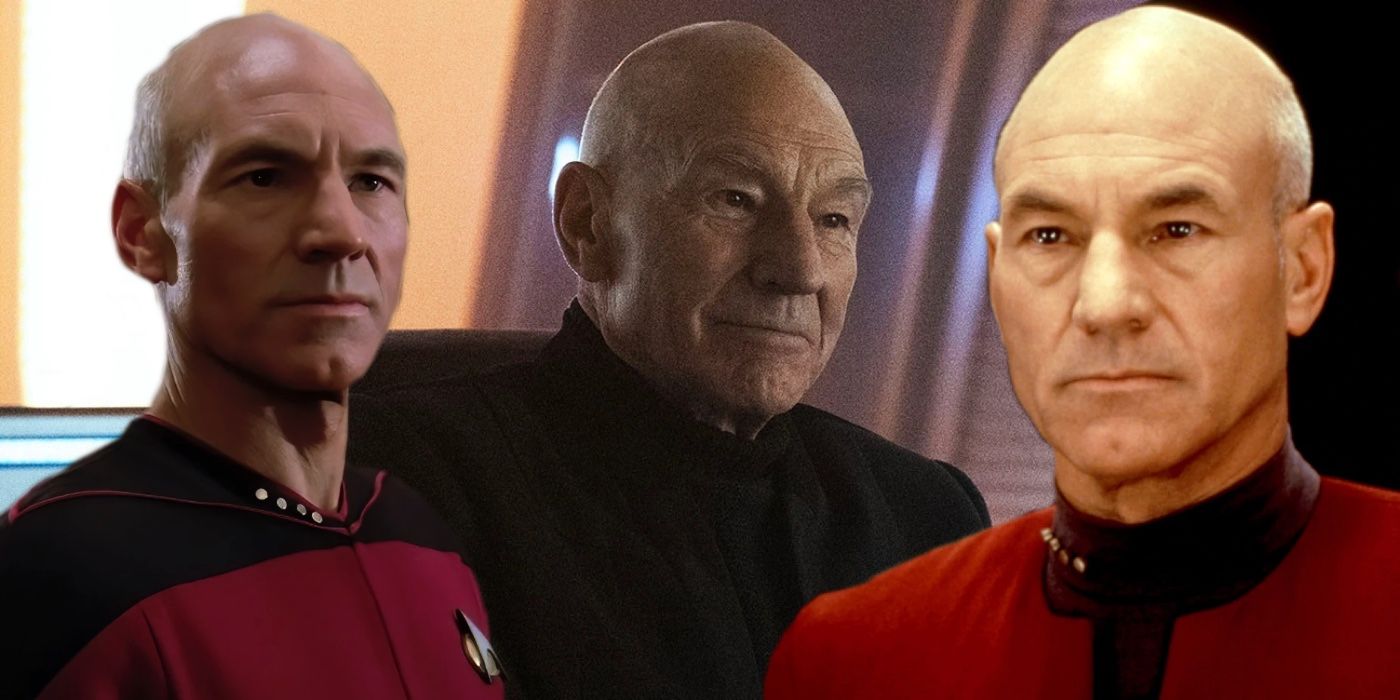A composite image of Jean-Luc Picard through different eras of Star Trek