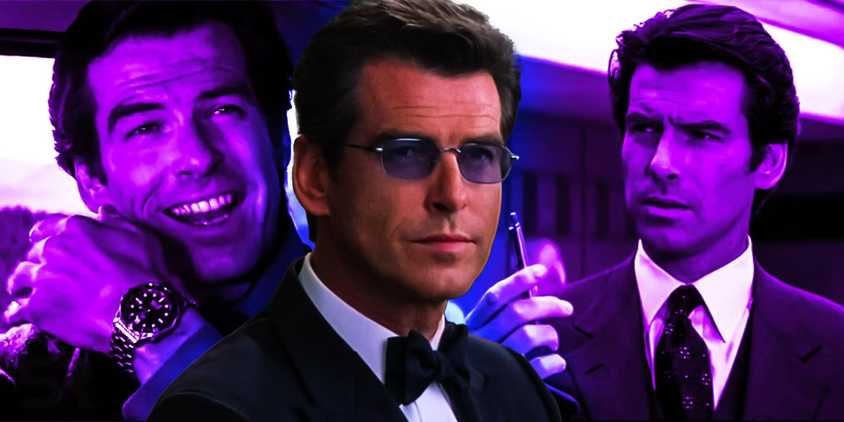 Three images of Pierce Brosnan's James Bond wearing gadgets
