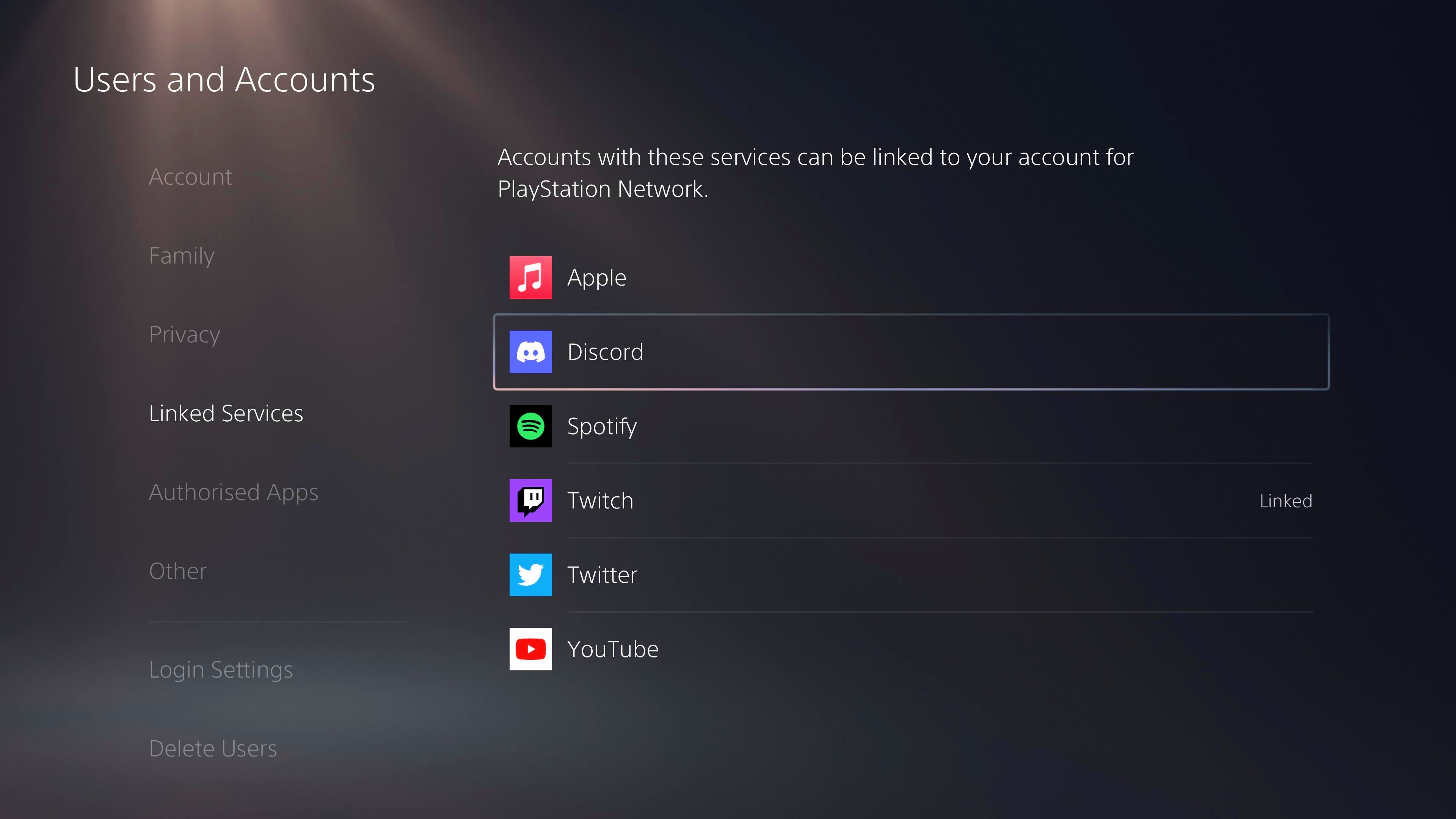 PlayStation 5 Discord Integration PS5 Settings Menu With Linked Services Tab Selected