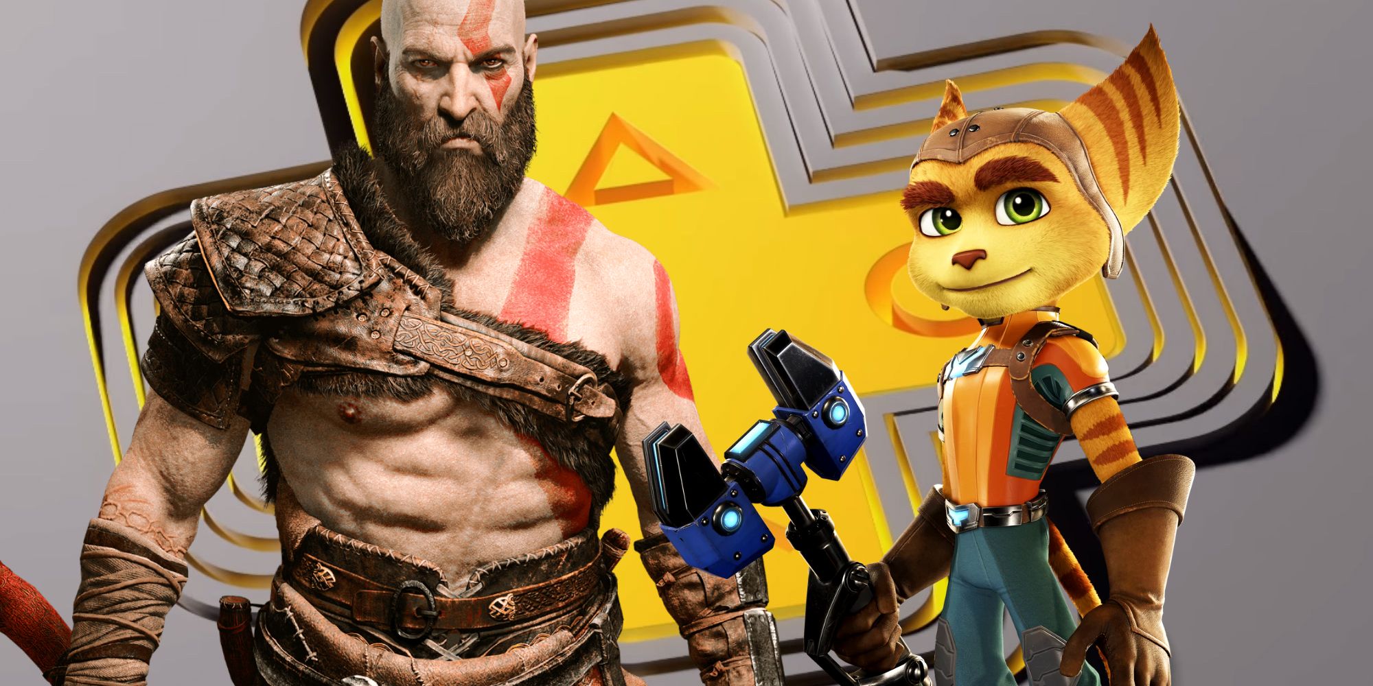 Kratos from God of War and Ratchet from Ratchet and Clank in front of the yellow PlayStation Plus logo on a silver background.