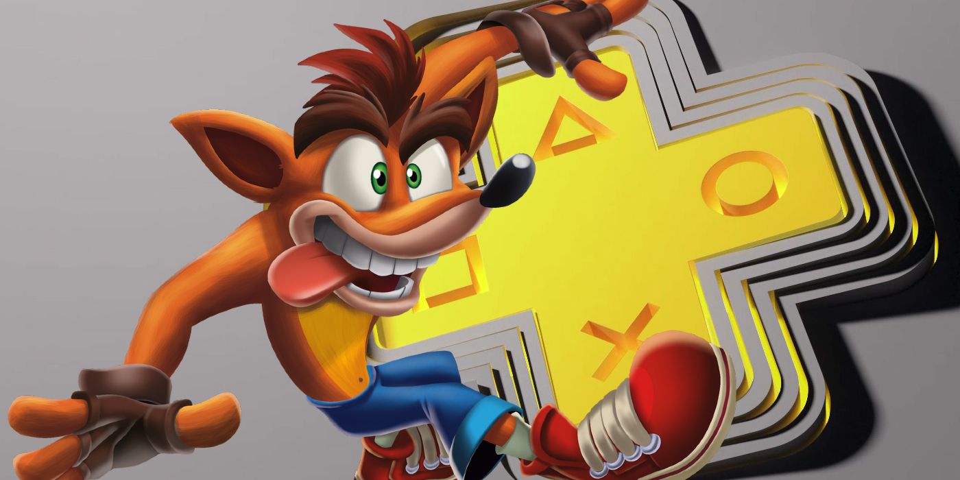 Crash Bandicoot in front of the PlayStation Plus logo.